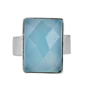 Anillo de boda de Plata de Ley 925 hecho a mano Rectangular Aqua Calcedonia Bisel Diseñador Nueva piedra preciosa sólida Producto Premium - Product Image 1