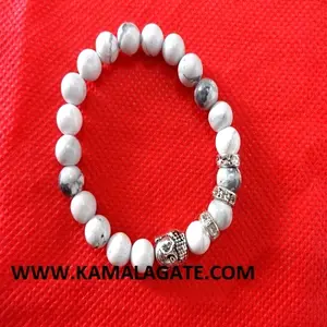 Pulsera de Howlite Natural Mate, Piedra Semipreciosa, Joyería Artesanal con Cuentas Elásticas de Plata y Buda Curativo - Product Image 1