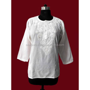 Tunique courte kurti brodée de poulet blanc, blouse en coton pour femmes, nouvelle collection - Product Image 1