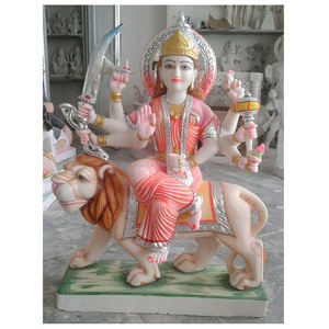 หินอ่อนสีขาวรูปปั้นดูกามัทาสีสันสดใส หินอ่อนสีขาวมักราน่า Durga Mata ที่นั่งอยู่บนรูปปั้นสิงโตในราคาที่สมเหตุสมผล - Product Image 1
