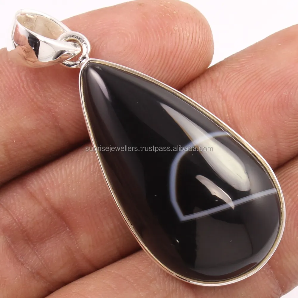 Piedra preciosa en forma de pera de ágata con bandas negras de diseño único natural 925 colgante de solitario de moda caliente de plata esterlina sólida