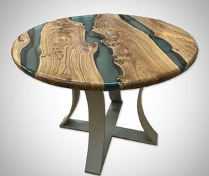 Mesa de Comedor Redonda de Madera Maciza con Resina Epoxi y Base de Metal para Uso en el Hogar - Product Image 3