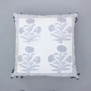 Floral Hand Block Print Cotton Linen Decorative Boho <b>45</b> <b>X</b> 45CM Square <b>Cushion</b> <b>Cover</b> - Product Image 1