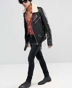 Chaqueta personalizada de cuero de vaca para hombre, venta al por mayor, barata, lisa, de piel de oveja, personalizada, de moda, para motorista, con cuello de piel sintética - Product Image 4