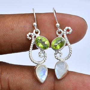 Vintage Design 925 Sterling Silver Moonstone <b>Peridot</b> Gemstone Pear Cut Shape Fashion Dangle <b>Earrings</b> Wholesale Manufacture - Product Image 3