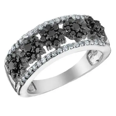 Unique Design Trendy Round Brilliant Cut Black Diamond Flower Ring in 14K White Gold Party Wear