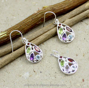 Vente chaude 925 En Argent Sterling Multi Pierre Ensemble Fait Main - Product Image 1