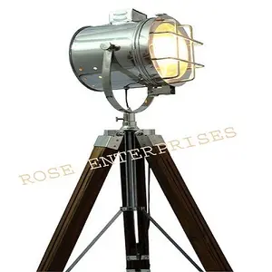 Vintage Industrial Spot Light With Wooden Tripod Stand Spot Light Searchlight Home Office Conner Light Floor Lamp Decorative