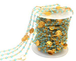 Aqua Chalcedony Gemstone <b>Beads</b> Charm Gold Plated Jewelry Wire Wrapped Beaded <b>Rosary</b> Chain - Product Image 1