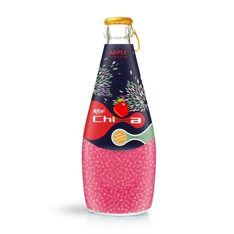 Vietnam Style 290ml Glass Bottle Apple Flavor Chia Seed Drink Sterilized Basil seed and Chia Seed Drink with Fruit Flavor