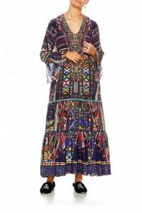 Impresión Digital larga en pura seda satén vestidos Kaftan caftán - Product Image 3