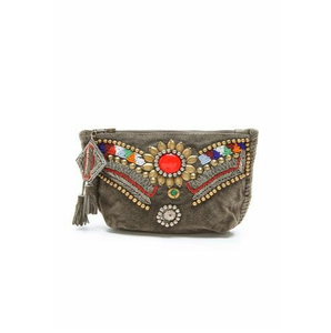 Pochette Gypsy Unique en Cuir Véritable avec Broderie Ethnique Bohème, Pompons, Perles et Fermeture Éclair – Tendance et Décorative - Product Image 1