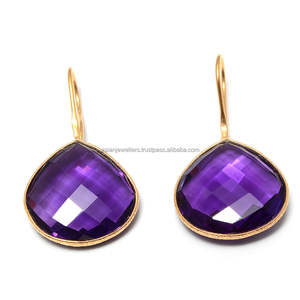 925 <b>Sterling</b> <b>Silver</b> Hydro Amethyst Gemstone <b>Drop</b> <b>Earrings</b> Vermeil Gold Plated with Bezel Set for Wedding Party or Gift - Product Image 1
