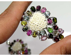 Precio mayorista Natural Multi turmalina piedra preciosa 925 plata esterlina colgante diamante perla flor patrón joyería de moda regalo - Product Image 2