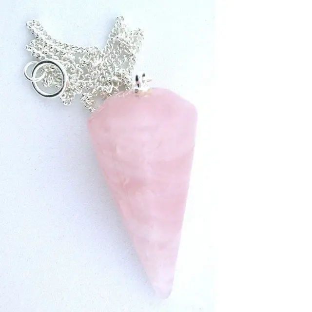 Rose Quartz Crystal Point Pendulum Vòng Bạc Màu Chuỗi Reiki Siêu Hình