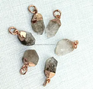 Natural Raw Herkimer Diamond Charm Pendant Connectors, 16mm To 22mm Raw Quartz Charms Rose Gold Electroplated Wholesale Jewelry
