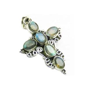 925 <b>Sterling</b> <b>Silver</b> Fine Jewelry <b>Pendant</b> & Charm Natural Labradorite Gemstone <b>Cross</b> Rhodium Plated Vintage Style for Women Girls - Product Image 1