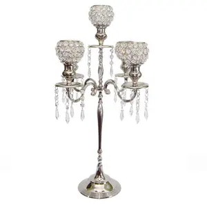 Hot Sale Metal Aluminum 5 Arm Clear Crystal Ball Wedding Tabletop Decorate Candelabra Candle Holder Silver Finished Centerpieces