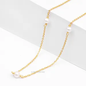 Natural Freshwater Pearl Round Shape Sterling Silver Indian Jewelry Gold Plated 18 Inches Chain Necklace Wholesale For Women