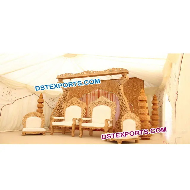 Indian Wedding Wooden Carved Stage Set Wedding Mandap Chairs Stage With Wooden Pillars Wooden Peacock Pillars Stage For Decor