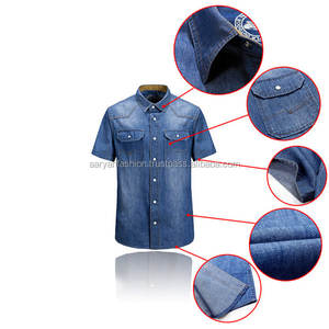 Camisa de manga corta para hombre, prenda vaquera ajustada con cuello de banda 100% de algodón de alta calidad, estilo Formal e informal - Product Image 2
