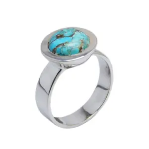 Blue Copper Turquoise Round Shape Handcrafted Silver Gemstone Ring 925 Solid Silver Jewelry Supplier And Exporter