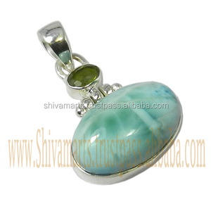 Hermoso genuino Larimar Peridot Multi Gemstone colgante hecho a mano plata joyería fina colgantes y dijes proveedor y exportador - Product Image 2