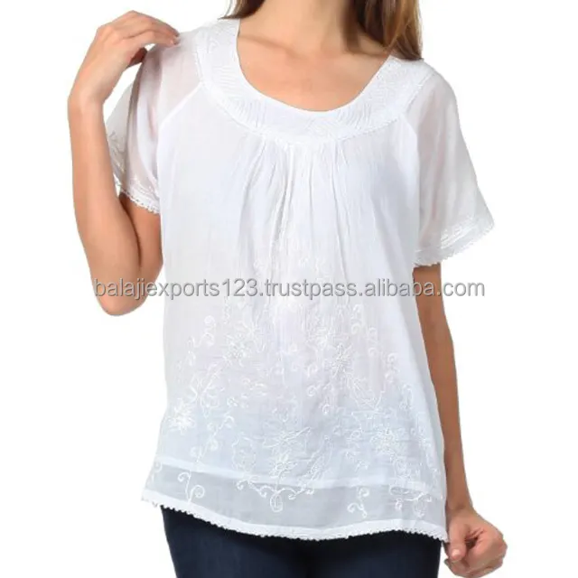 Ladies Summer Women Cotton Lace Short Sleeve Cotton Lace Top Fashion Pleated Lace Ladies' Blouses & Tops