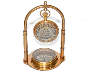 Nautical Hanging Solid Brass Vintage Gamble Compass 9\" with Pointer Dial Display Clock and <b>Thermometer</b> on Rosewood Stand - Product Image 2