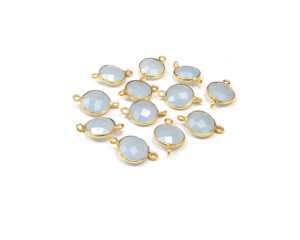Blue Chalcedony Gemstone <b>Findings</b> Round Shape Gold Plated <b>Jewelry</b> Making Double Bail Faceted Handmade Bezel Connector - Product Image 5