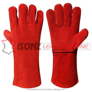 14/16 Inches Tig Welding <b>Gloves</b> XL Size <b>Red</b> Suede Leather Safety <b>Gloves</b> With Cotton Lining ISONZ - Product Image 1