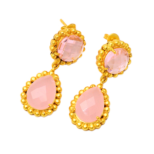 De cuarzo rosa de piedras preciosas de cuarzo rosa de Plata de Ley 925 de diseñador chapado en oro Stud pendientes - Product Image 2