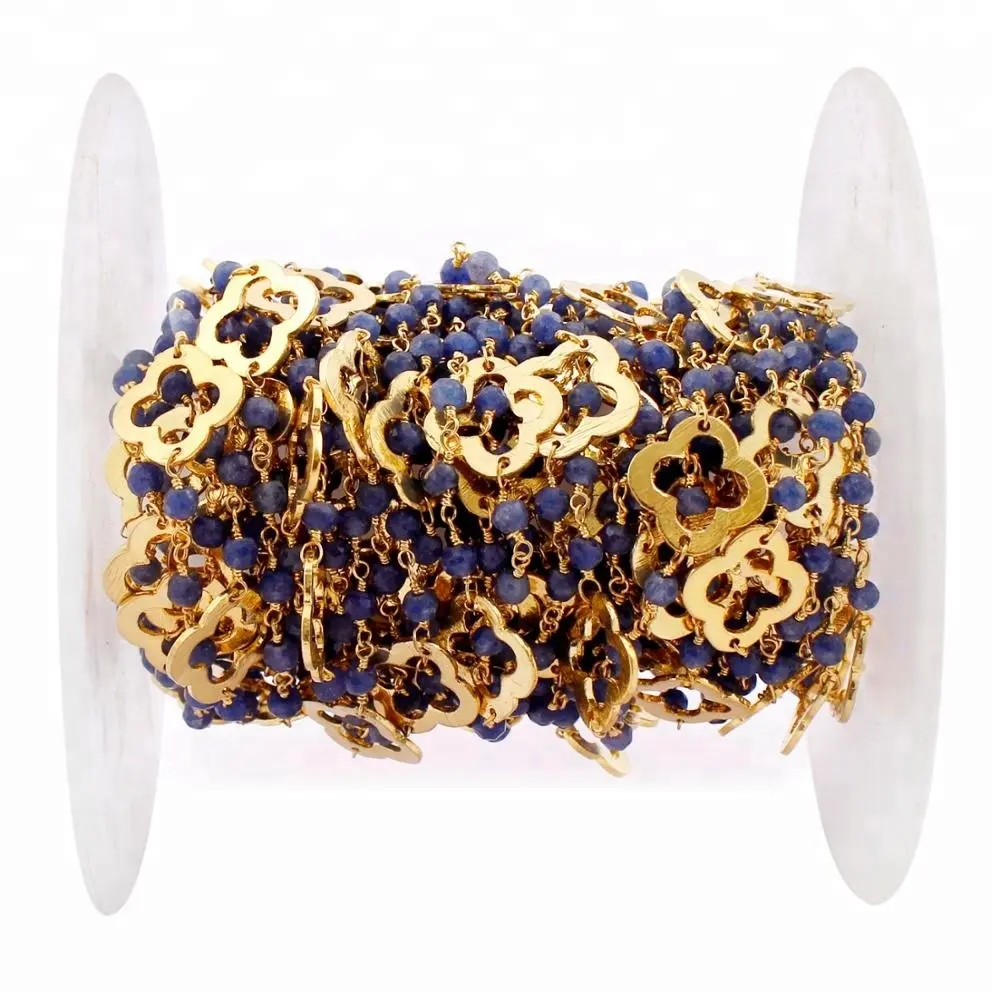 Bir ayak mavi kuvars altın kaplama tel sarılmış bağlantı tespih boncuk yonca zincir