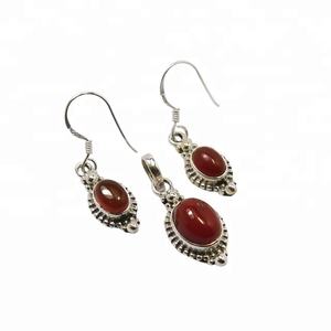 Ensemble de boucles d'oreilles pendentif en cornaline en argent sterling pur 925 ensembles de bijoux en argent faits à la main indiens - Product Image 1