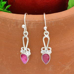 925 <b>Sterling</b> <b>Silver</b> <b>Dangle</b> <b>Earrings</b> Trendy Pear Shape Pink Ruby Opaque for Weddings Parties Gifts - Product Image 1