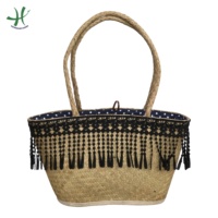 Tas Tote Anyaman Seagrass Bohemian Cantik Buatan Tangan untuk Wanita, Warna Natural, Tas Belanja Harian dengan Pompom