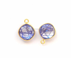 Beautiful <b>Blue</b> Rutile Gemstone Findings <b>Gold</b> Plated Jewelry Making <b>Cushion</b> Shape Faceted Handmade Bezel Connector - Product Image 3