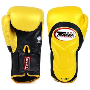 Jumeaux jaune spécial manchette étendue gants de boxe professionnels kick boxing muay thai gants de boxe en cuir véritable