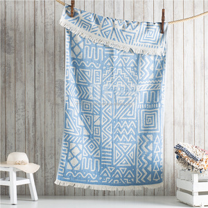 Mix Geo Blue <b>Turkish</b> <b>Towel</b> 100% Cotton - Picnic Beach Blanket, Bed Cover, Multiple Use Jacquard Woven <b>Towels</b> - Product Image 1