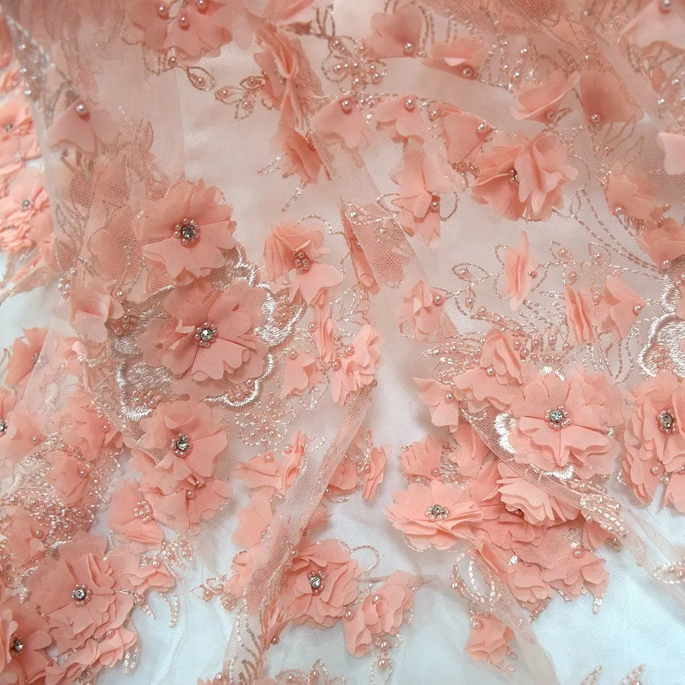 Luxe perzik handgemaakte applique steentjes kant stof met parels franse 3d bloem tule kanten jurk stof HY0868-3