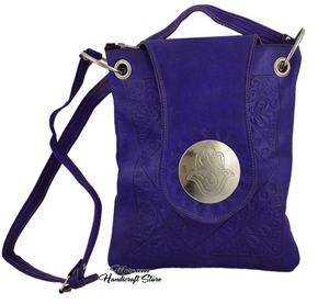 Bolso de Hombro Tipo Clutch de Cuero Genuino para Mujer, Estilo Bohemio Marroquí, Color Azul, con Patrón Geométrico y Decoración de Botones - Product Image 1