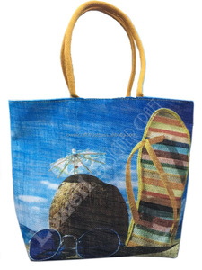 Jute Shopping <b>Bag</b> with Geometric Pattern Mini Size Rope Handle Daily Use Lowellcraft JBB05631 - Product Image 2