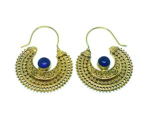 Or Tribal Laiton Lapis Hoop Boucles d'oreilles ethniques faites à la main Bohème Fantaisie Laiton Métal Festival Cadeau pour fête ou mariage - Product Image 1
