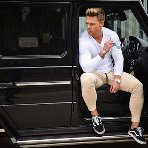 Pantalon de survêtement de sport beige pour hommes, spandex en coton fuselé extensible avec broderie, délavé foncé, décontracté, style sport, léger - Product Image 4