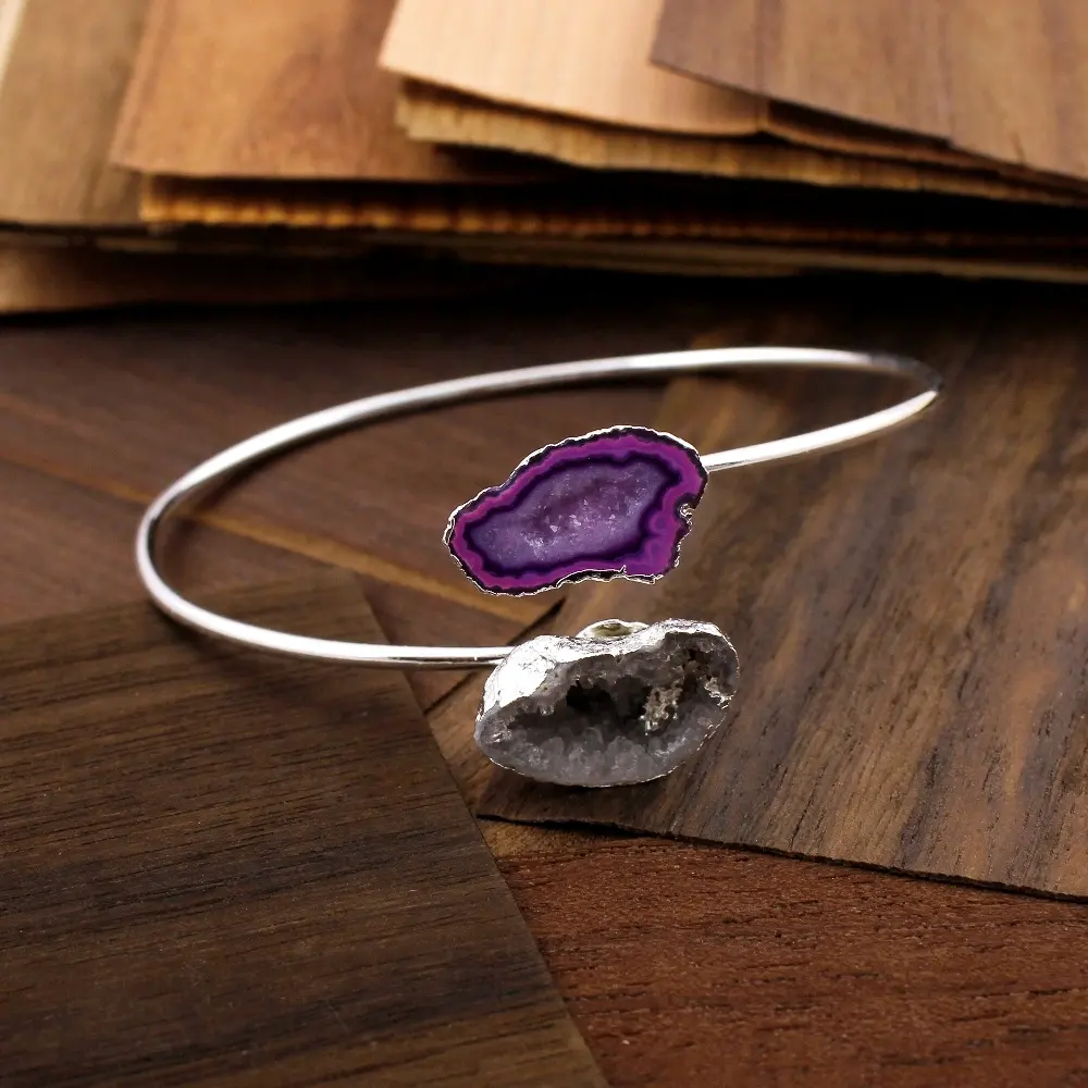 Verzilverde Armbanden Natuurlijke Geode Druzy Edelsteen Verstelbare Armband Handgemaakte Statement Armband Sieraden Voor Meisjes Cadeau Artikelen