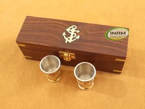 4 Brass Shot Glasses, Shot Glass <b>Set</b> Nautical Anchor with Brass <b>Cups</b> and Wooden Box - Product Image 3