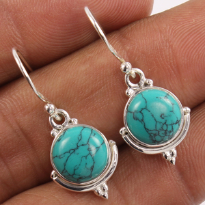 Vintage Handmade Sterling <b>Silver</b> Turquoise Round Cabochon <b>Drop</b> <b>Earrings</b> for Wedding Party & Gift Occasions - Product Image 1