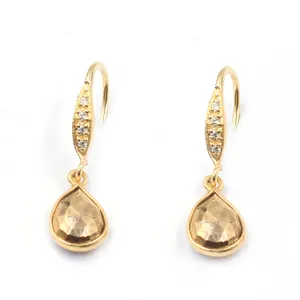 Pyrite Faceted 29-30mm with Zircon Pear Shape <b>Silver</b> Bezel 14k/18k Gold Plated Ear <b>Wire</b> Earring - Product Image 1