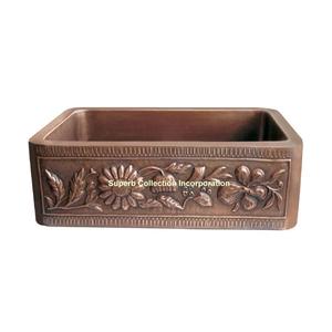 Delantal redondo para cocina, fregadero de cobre indio con relieve, doble cuenco, impuestos mexicanos - Product Image 1