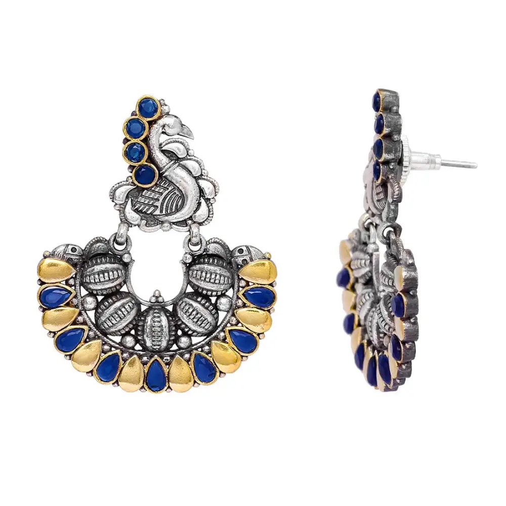 مجوهرات أقراط هوب من الزجاج المكسي المطلي بالذهب والفضة, مجوهرات أقراط هوب على شكل طاووس من الزجاج المكشكش باللون الأزرق
